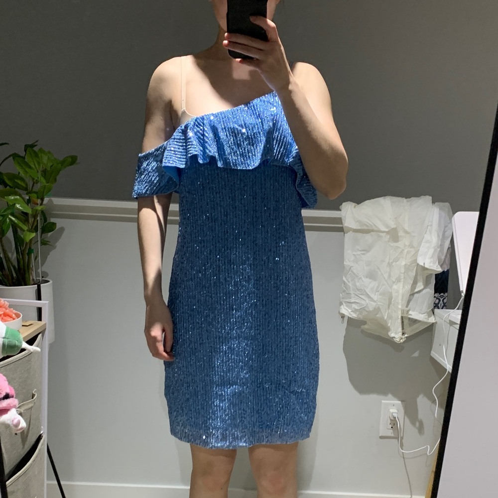 Blue Off-Shoulder Sequin Dress